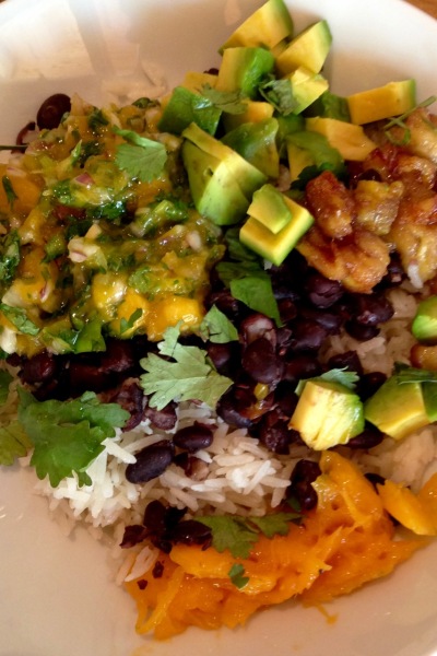 Coconut Rice with Black Beans, Plantains, and Mango Salsa