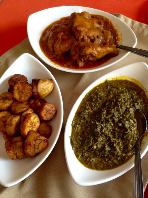 Chicken Moambe, sombe & yummy plantains from the Park Hotel, Lubumbashi