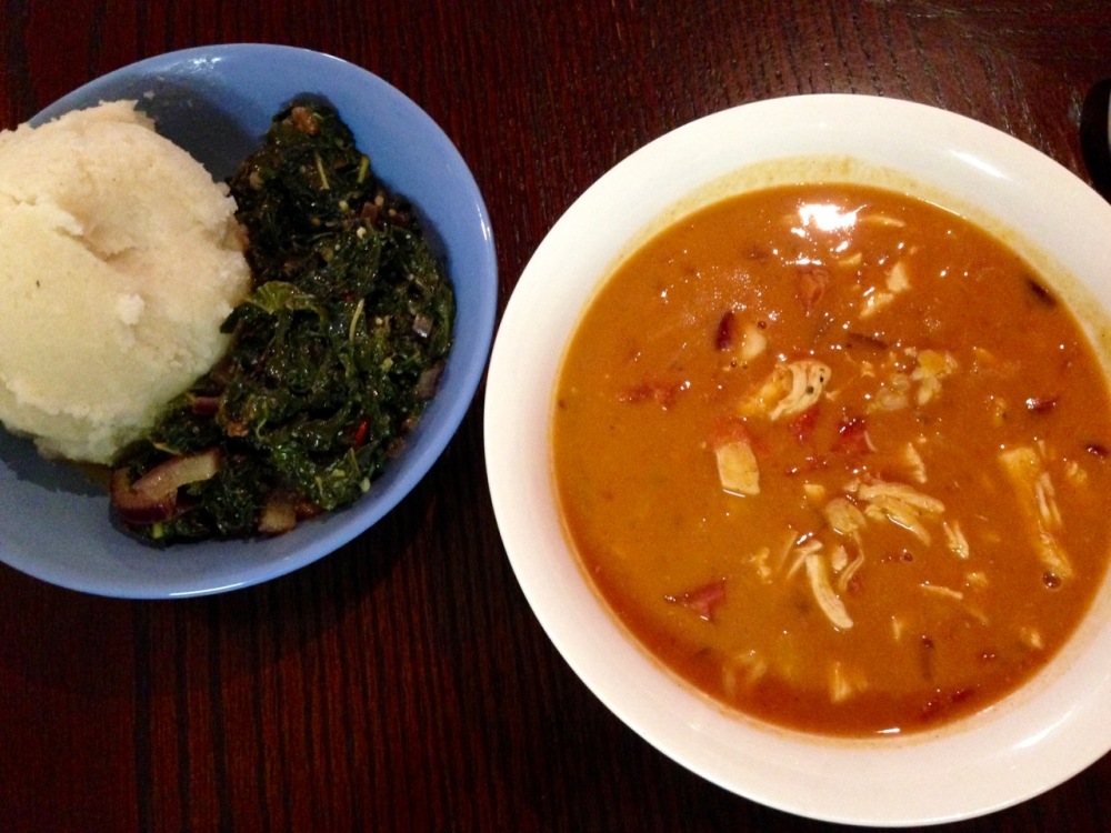my attempt at Muamba Nsusu (Congo Chicken & Peanut Soup), with lenga-lenga (by now my preferred local green) and Viviane's fufu
