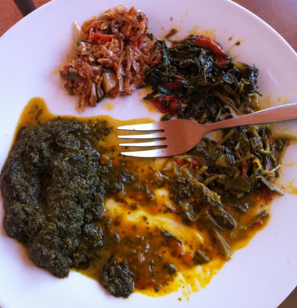 clockwise from top: Ndakala (dried river fish) Matembele (sweet potato leaves) Lenga-Lenga (amaranth leaves) Ngai-Ngai (sorrel) Sombe (cassava leaves)
